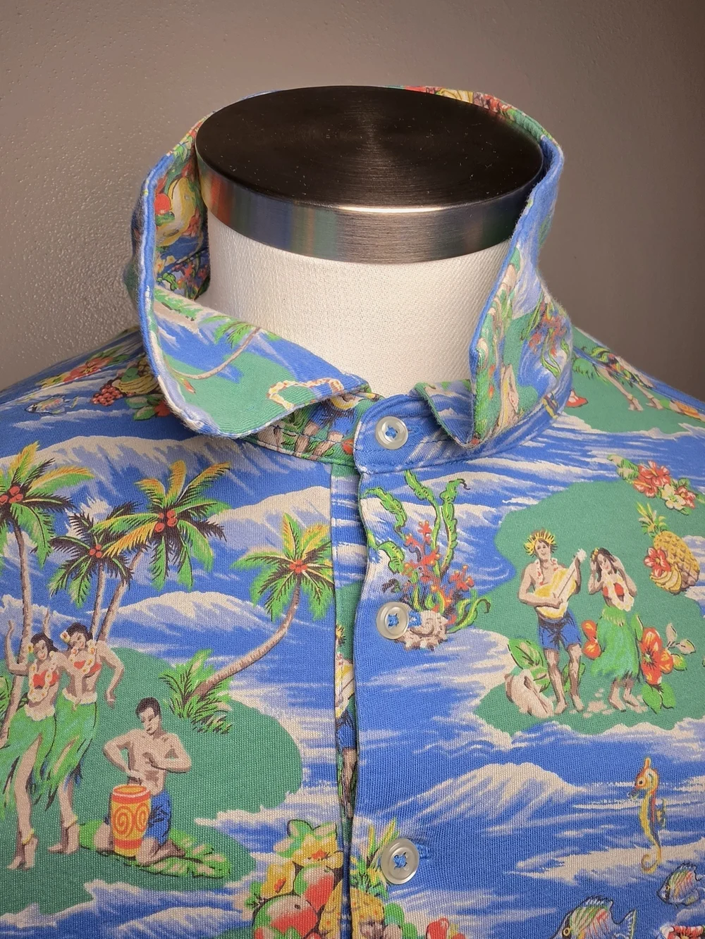 Ralph Lauren Blue Hawaiian Polo with Green Island Motifs